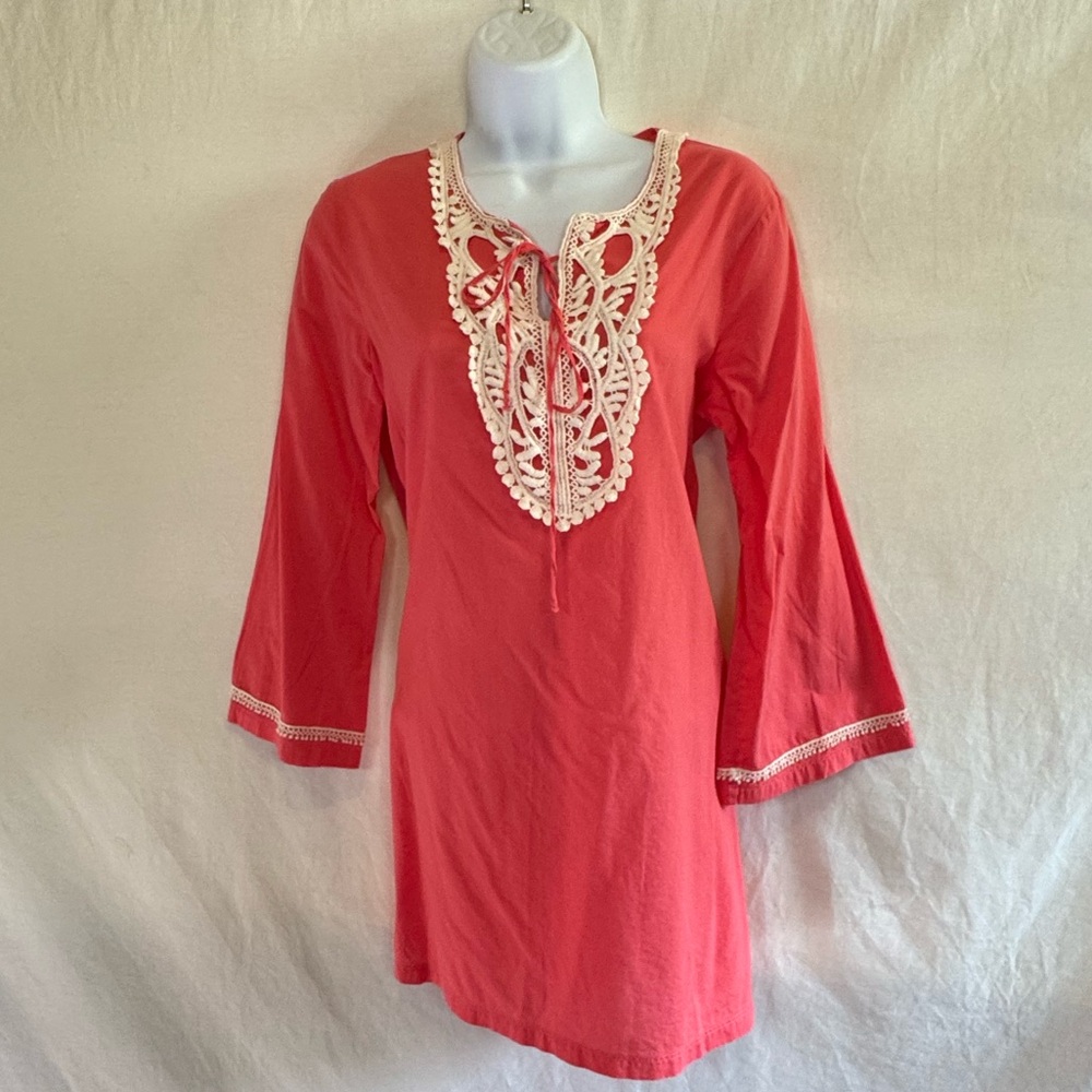 A-17 Charlie Paige Pink Lace Detail 3/4 Sleeve Tunic Style Pullover Blouse Sz S